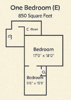 Floor plan for 1 bed, 1 bath, 880 sqft